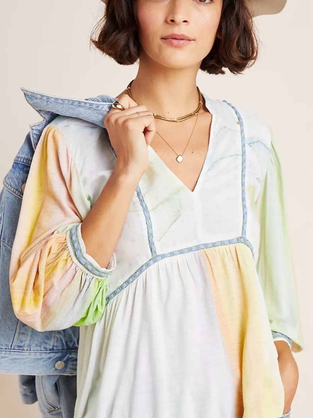 Blank London Renata Pastel Tie-Dye V-Neck Babydoll Top Tent Trapeze Blouse Shirt